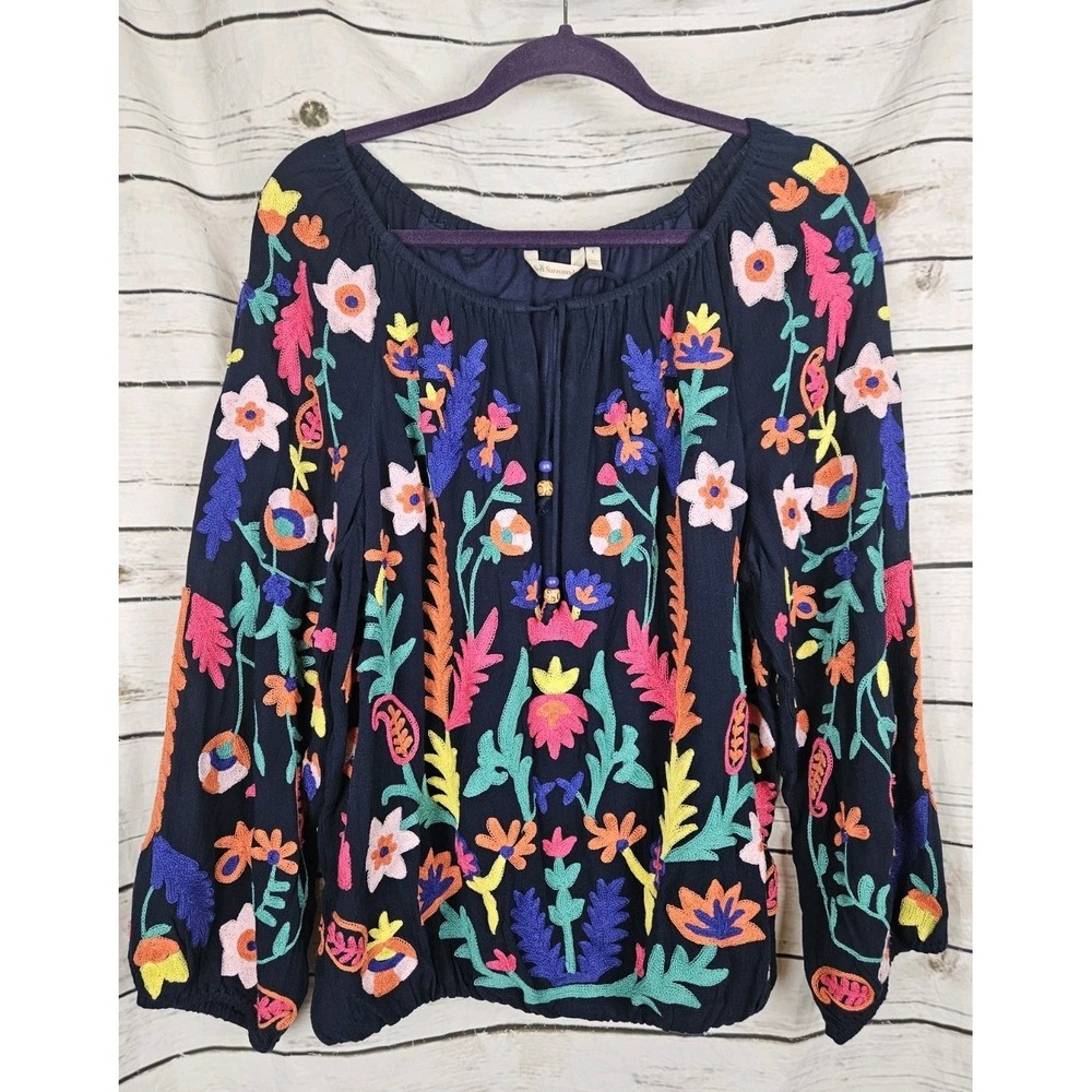 Soft Surroundings Navy Embroidered Floral Peasant Top L Bubble Balloon Sleeve